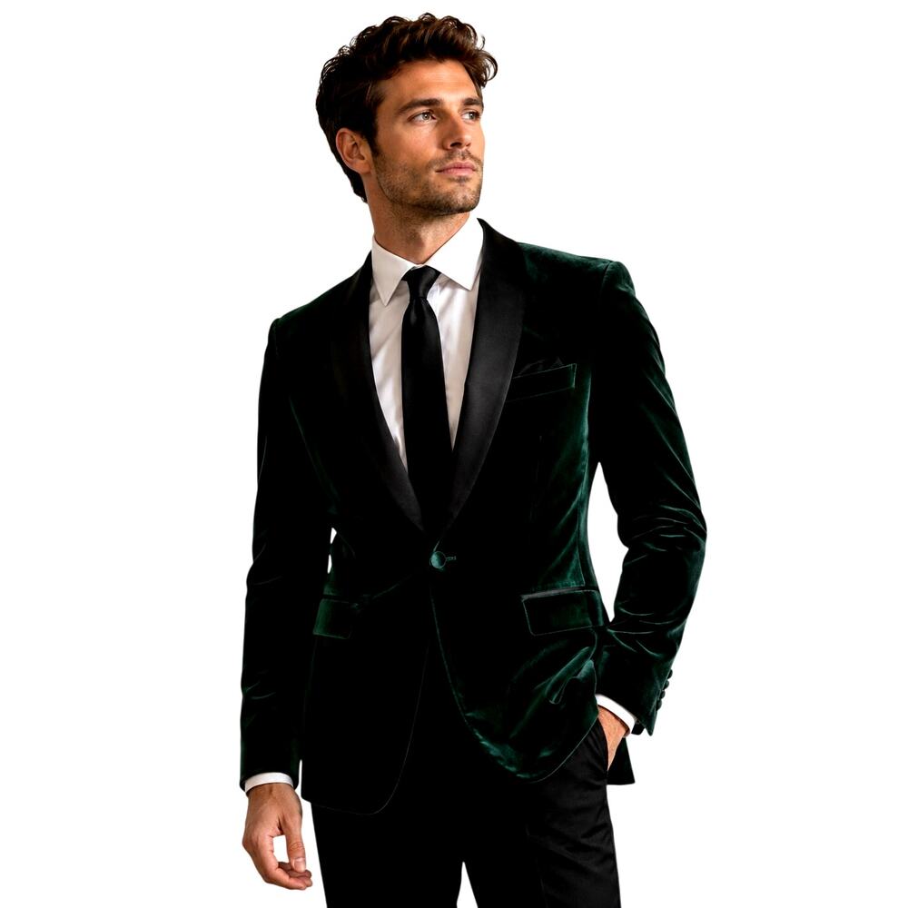 ASOS Green Velvet Blazer Black Satin Shawl Lapel Single Button Men's 36
